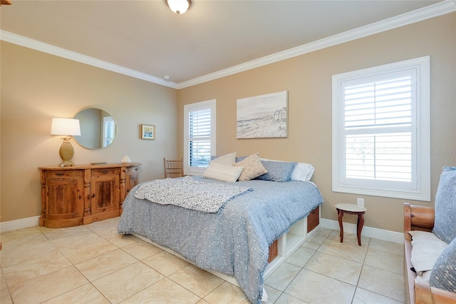 bedroom with crown molding, multiple windows, and light tile patterned floors