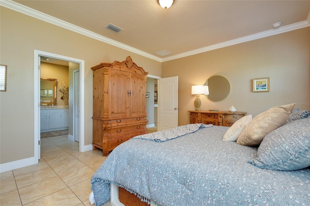 bedroom featuring ornamental molding, ensuite bathroom, and light tile patterned floors