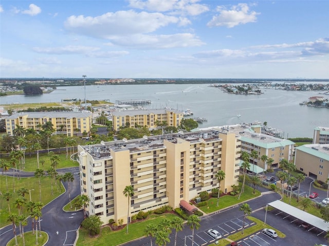 drone / aerial view with a water view