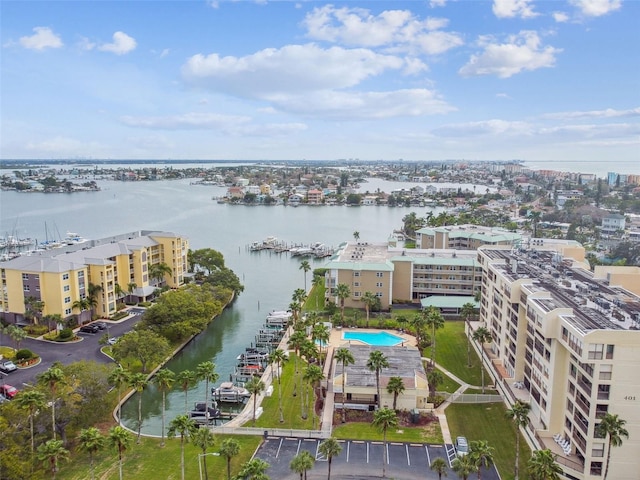 birds eye view of property featuring a water view