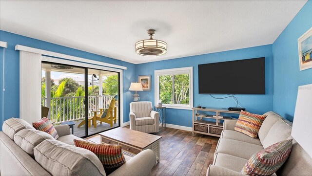 living room with dark hardwood / wood-style flooring