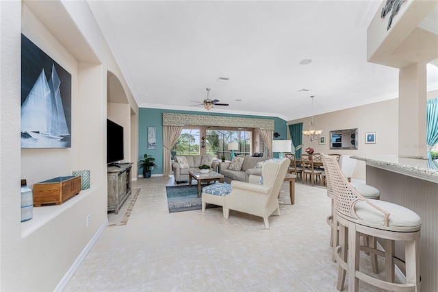 105 Treviso Ct, North Venice, FL 34275 - living area featuring crown molding, ceiling fan, light tile patterned flooring, a chandelier, and baseboards