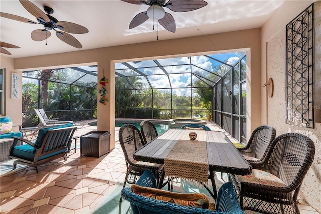 105 Treviso Ct, North Venice, FL 34275 - view of patio / terrace featuring a ceiling fan, a pool with connected hot tub, a lanai, and outdoor dining area