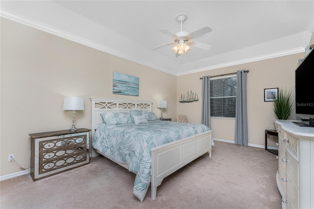 bedroom with ceiling fan, light colored carpet, and ornamental molding