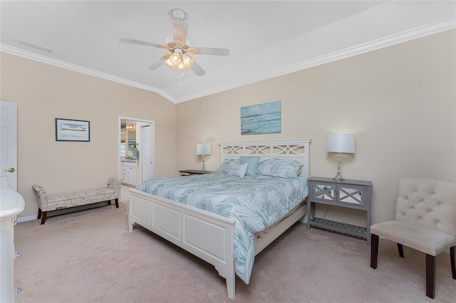 carpeted bedroom with connected bathroom, vaulted ceiling, ceiling fan, and ornamental molding