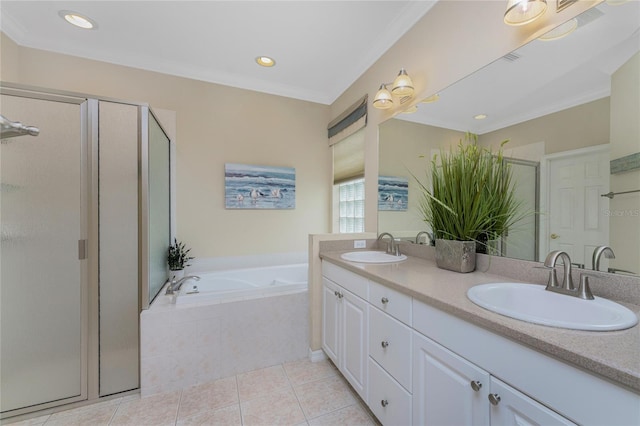 bathroom featuring tile patterned flooring, vanity, separate shower and tub, and ornamental molding