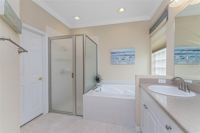 bathroom with tile patterned flooring, vanity, plus walk in shower, and ornamental molding