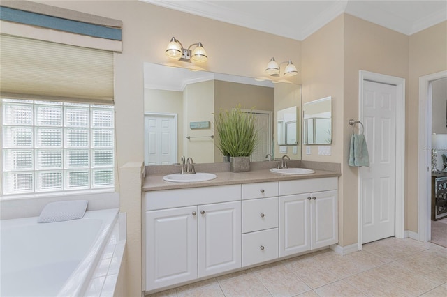 bathroom featuring vanity, tile patterned floors, crown molding, and tiled tub