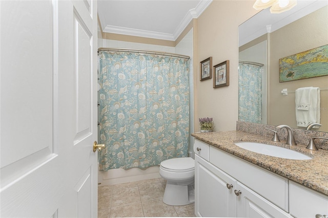 full bathroom featuring tile patterned floors, ornamental molding, vanity, shower / tub combo with curtain, and toilet