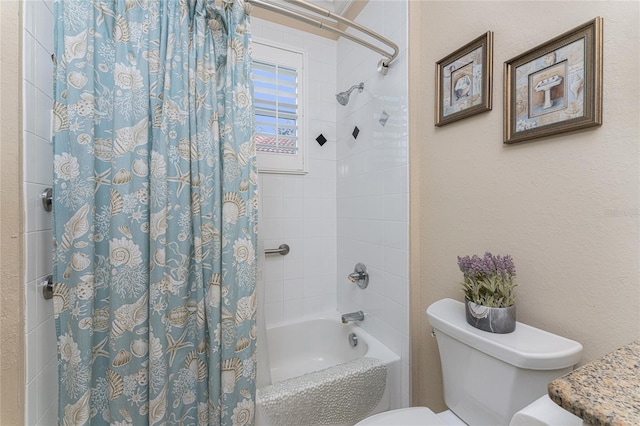 bathroom featuring toilet and shower / bathtub combination with curtain