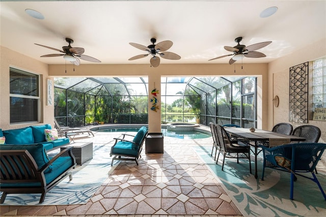 105 Treviso Ct, North Venice, FL 34275 - view of patio / terrace with a ceiling fan, an outdoor hangout area, a pool with connected hot tub, and a lanai