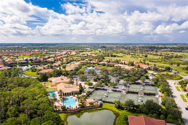 bird's eye view with a water view