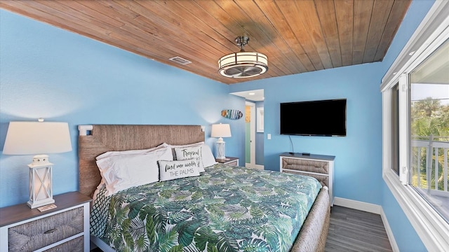 bedroom featuring dark hardwood / wood-style flooring and wooden ceiling