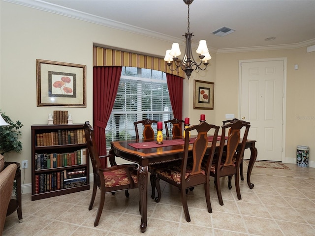 tiled dining space with a notable chandelier and ornamental molding