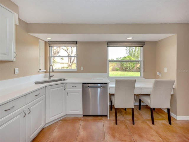 kitchen with white cabinetry, a healthy amount of sunlight, and stainless steel dishwasher