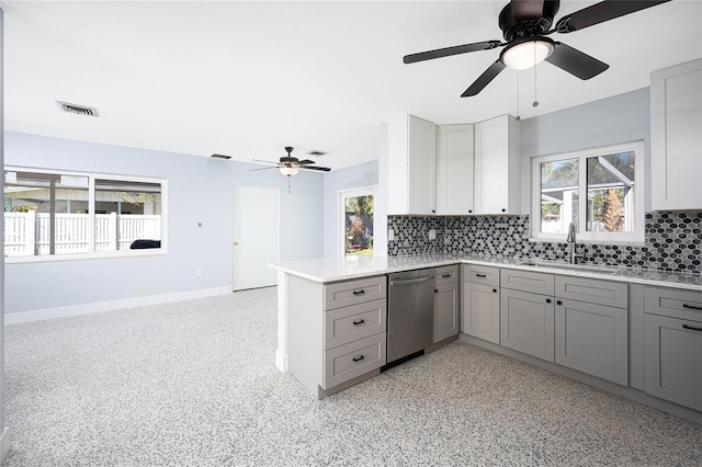 kitchen featuring gray cabinetry, backsplash, sink, stainless steel dishwasher, and kitchen peninsula