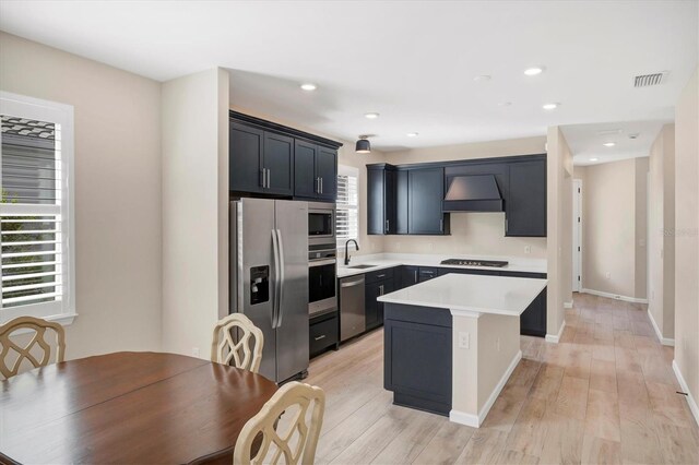 kitchen with sink, a healthy amount of sunlight, premium range hood, a kitchen island, and appliances with stainless steel finishes