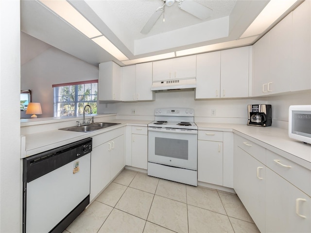 kitchen featuring white cabinets, sink, white appliances, and custom range hood