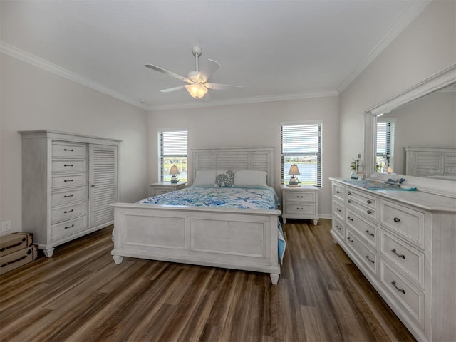 bedroom featuring ceiling fan, dark hardwood / wood-style flooring, and ornamental molding