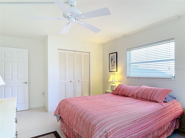 bedroom featuring ceiling fan and a closet