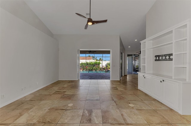 1219 Nantucket Rd, Venice, FL 34293 - empty room featuring a ceiling fan, baseboards, recessed lighting, and high vaulted ceiling