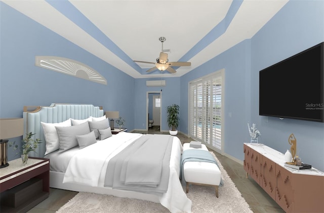1219 Nantucket Rd, Venice, FL 34293 - bedroom with access to outside, a tray ceiling, ceiling fan, and baseboards