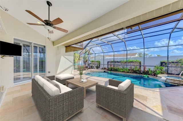 1219 Nantucket Rd, Venice, FL 34293 - view of patio / terrace featuring a pool with connected hot tub, ceiling fan, an outdoor living space, and glass enclosure