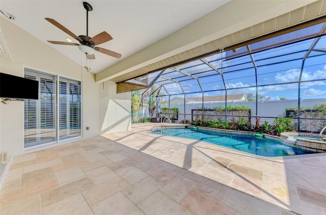 1219 Nantucket Rd, Venice, FL 34293 - view of pool with a patio area, a pool with connected hot tub, ceiling fan, and glass enclosure