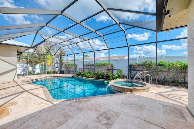 1219 Nantucket Rd, Venice, FL 34293 - view of swimming pool featuring a pool with connected hot tub, a patio area, and glass enclosure