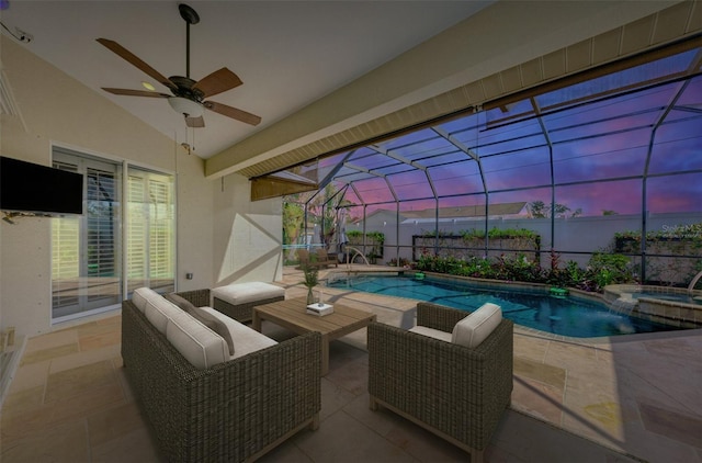 1219 Nantucket Rd, Venice, FL 34293 - view of patio with a pool with connected hot tub, a ceiling fan, an outdoor hangout area, and glass enclosure