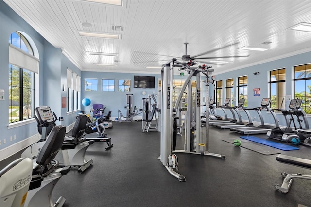 11925 Bohemian Pl, Venice, FL 34293 - gym featuring plenty of natural light, ornamental molding, ceiling fan, and baseboards