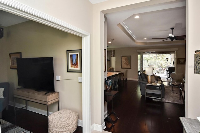 hall with a tray ceiling and wood-type flooring