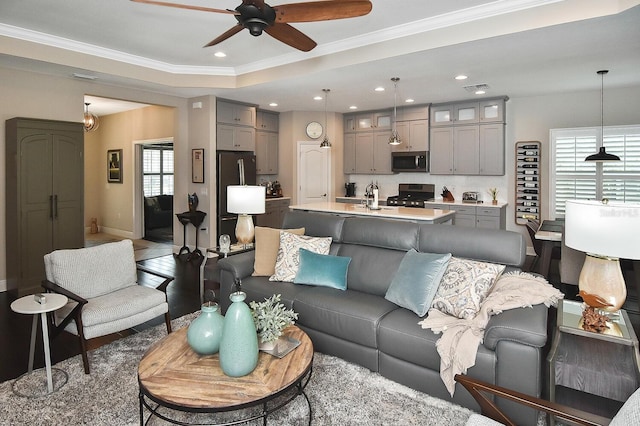 living room featuring sink, ceiling fan, hardwood / wood-style floors, a raised ceiling, and crown molding