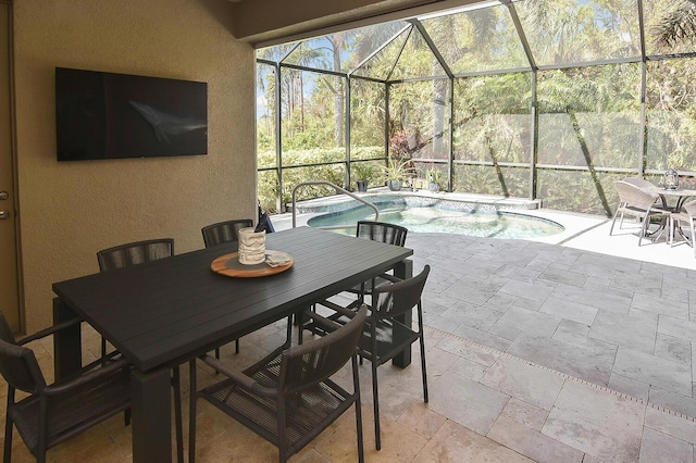 view of patio featuring glass enclosure