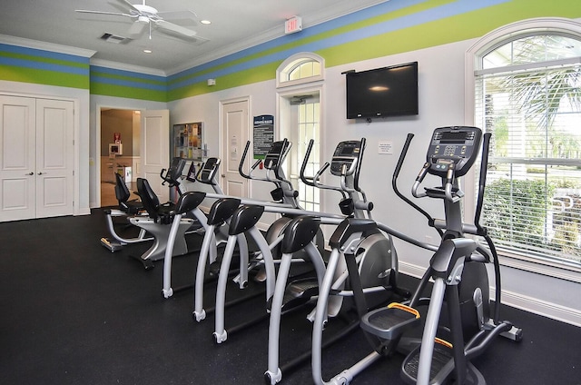 gym with ornamental molding and ceiling fan