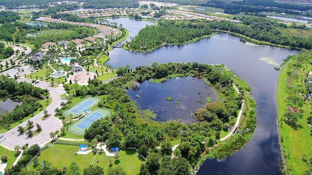 aerial view featuring a water view