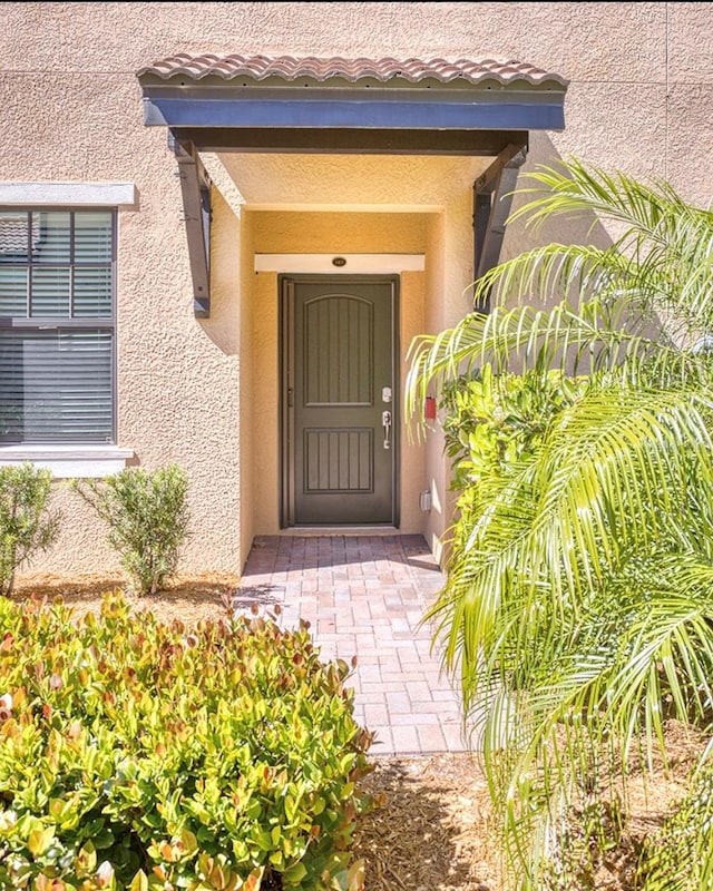 entrance to property with a tile roof and stucco siding