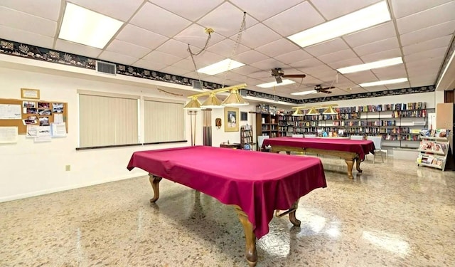 playroom featuring pool table, a drop ceiling, and ceiling fan