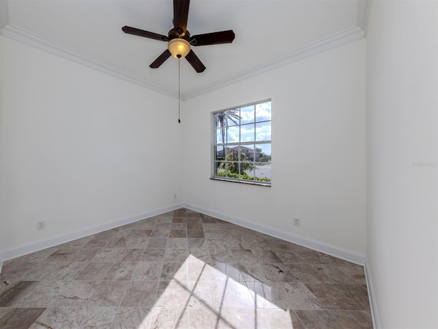 spare room with ceiling fan and ornamental molding