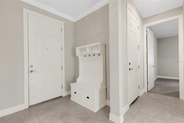 mudroom featuring ornamental molding