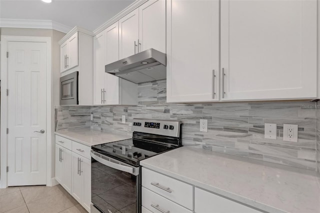 kitchen featuring decorative backsplash, light stone countertops, stainless steel range with electric stovetop, light tile patterned floors, and white cabinetry