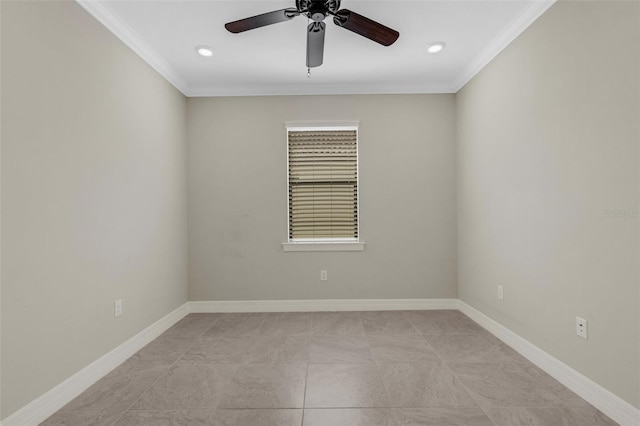 tiled empty room featuring crown molding and ceiling fan