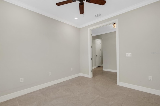 tiled spare room featuring ceiling fan and crown molding