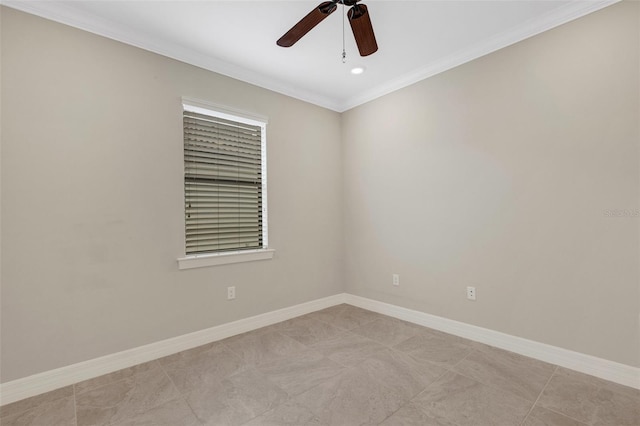 spare room with ceiling fan, light tile patterned floors, and crown molding