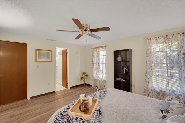 bedroom featuring light hardwood / wood-style flooring, multiple windows, and ceiling fan