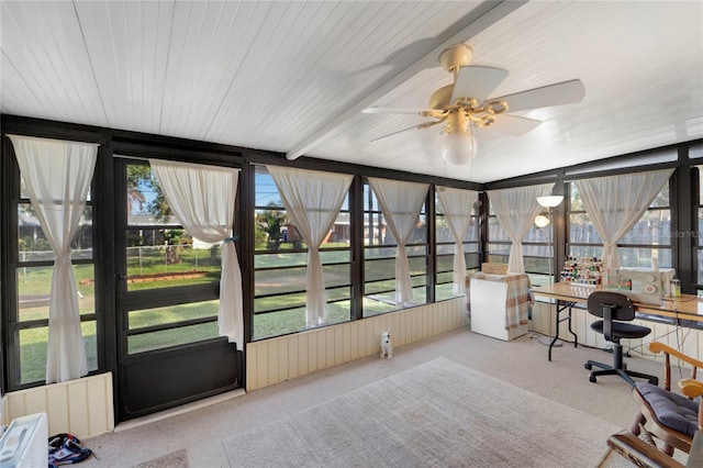 sunroom with lofted ceiling with beams, ceiling fan, and a healthy amount of sunlight