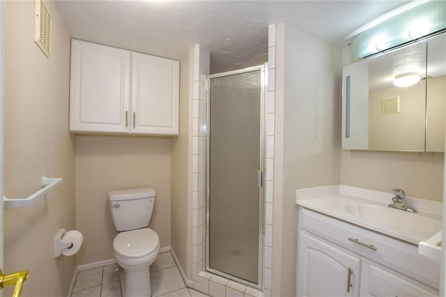 bathroom featuring tile patterned floors, walk in shower, a textured ceiling, vanity, and toilet