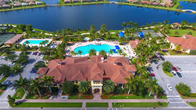 drone / aerial view featuring a water view