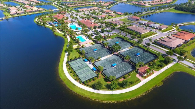 drone / aerial view featuring a water view