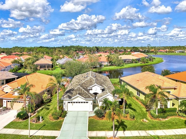 aerial view featuring a water view